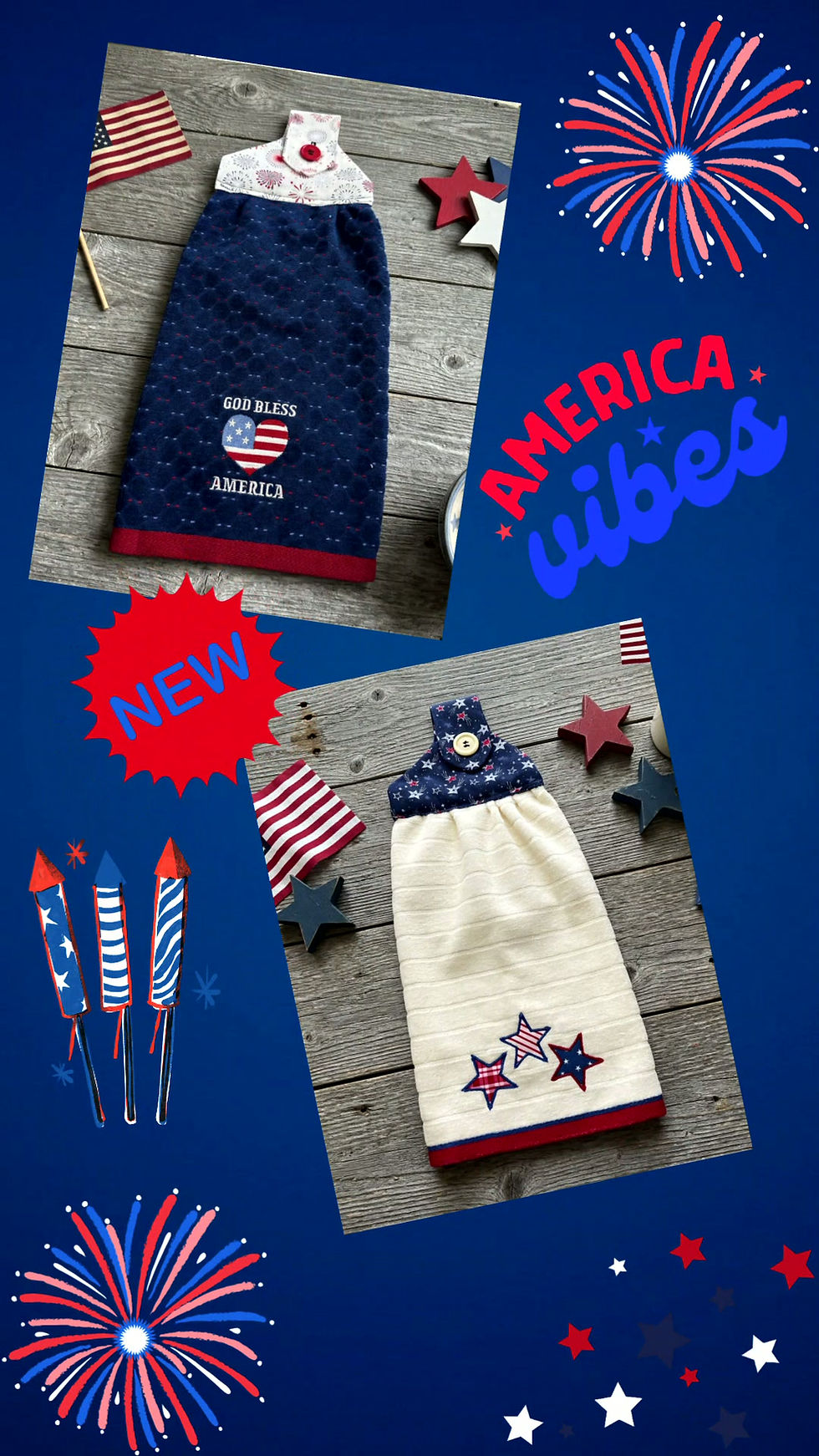 Thumbnail: Americana Dishtowel "God Bless America" Applique Heart on Blue Terry Towel