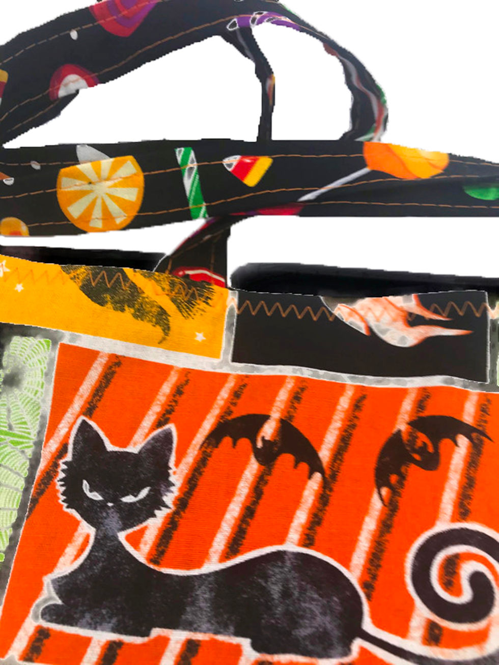 Thumbnail: Reversible Halloween tote bag: black cat, bats, ghosts