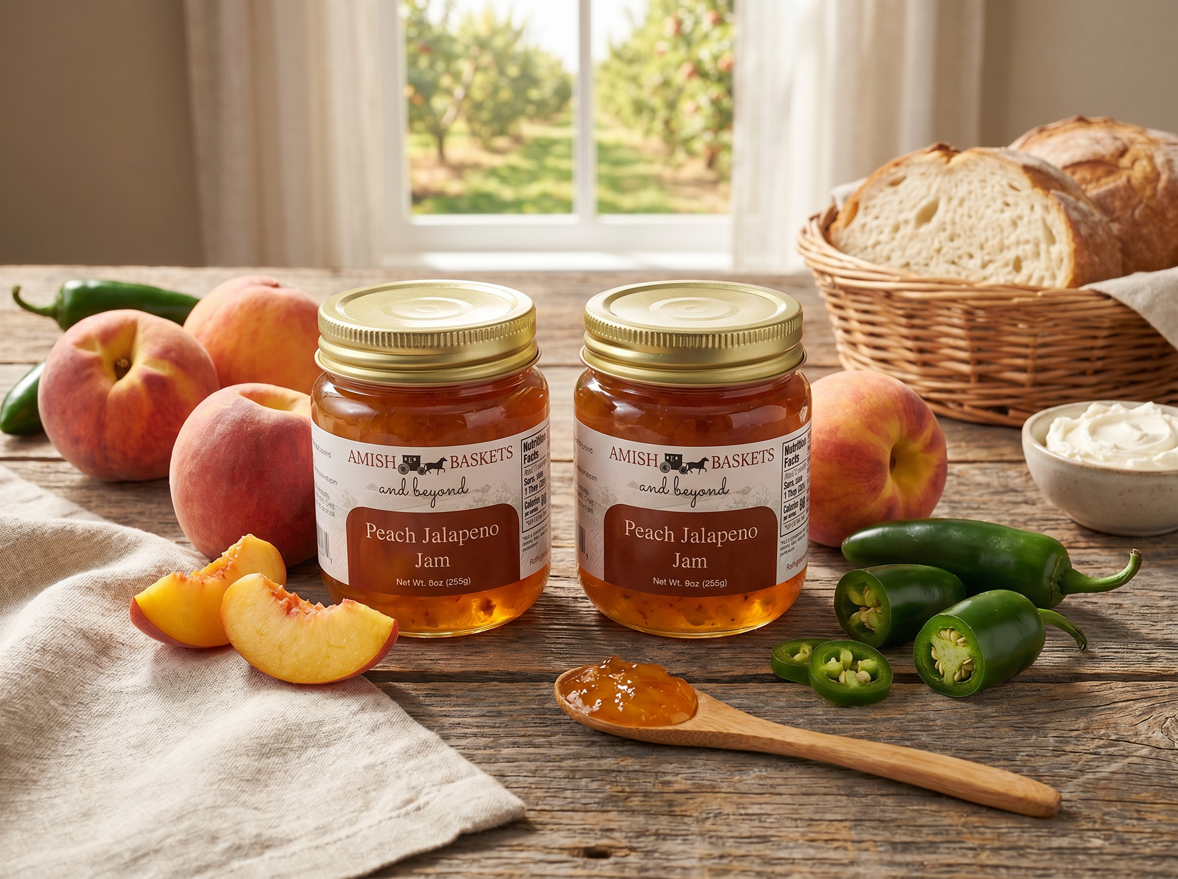 Two jars of Peach Jalapeño Jam with fresh peaches, jalapeños