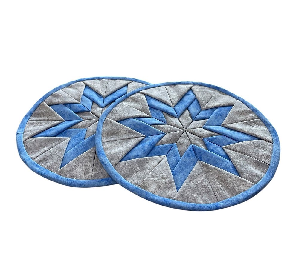 Thumbnail: Amish Made Star Quilted Hot Pad in Blue and Gray With Blue Backside
