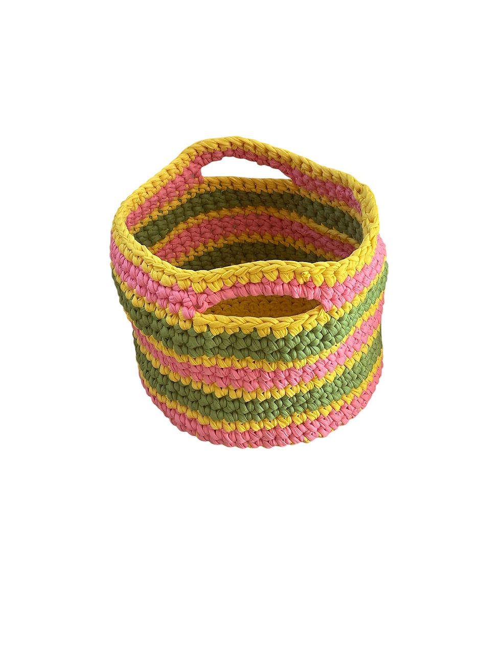 Thumbnail: Crochet Easter Basket Handmade Pink, Yellow, Green Soft Washable With Handles easter basket on white background side view
