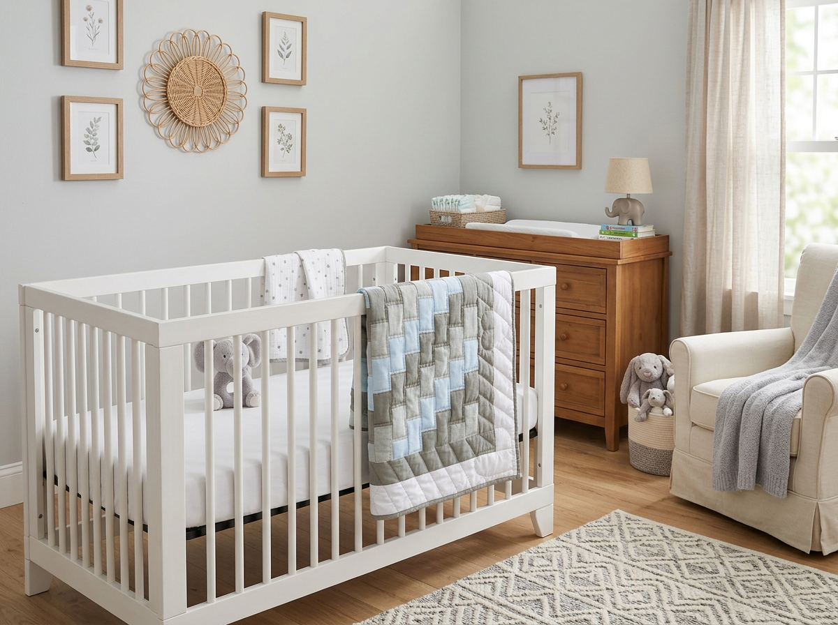 Amish Baby Quilt Hand Sewn Sage Green and Light Blue Diamond Pattern White Back