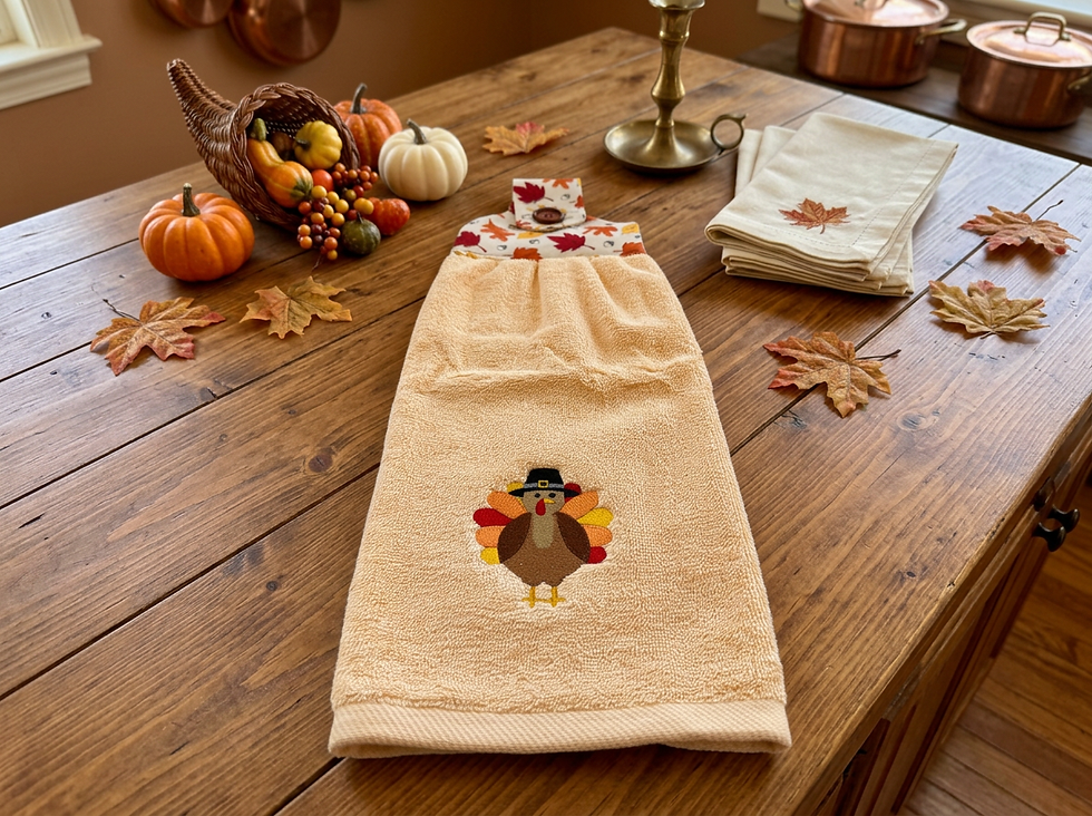 Thumbnail: Thanksgiving Hanging Dishtowel Turkey Monogram Beige Yellow Terry Towel