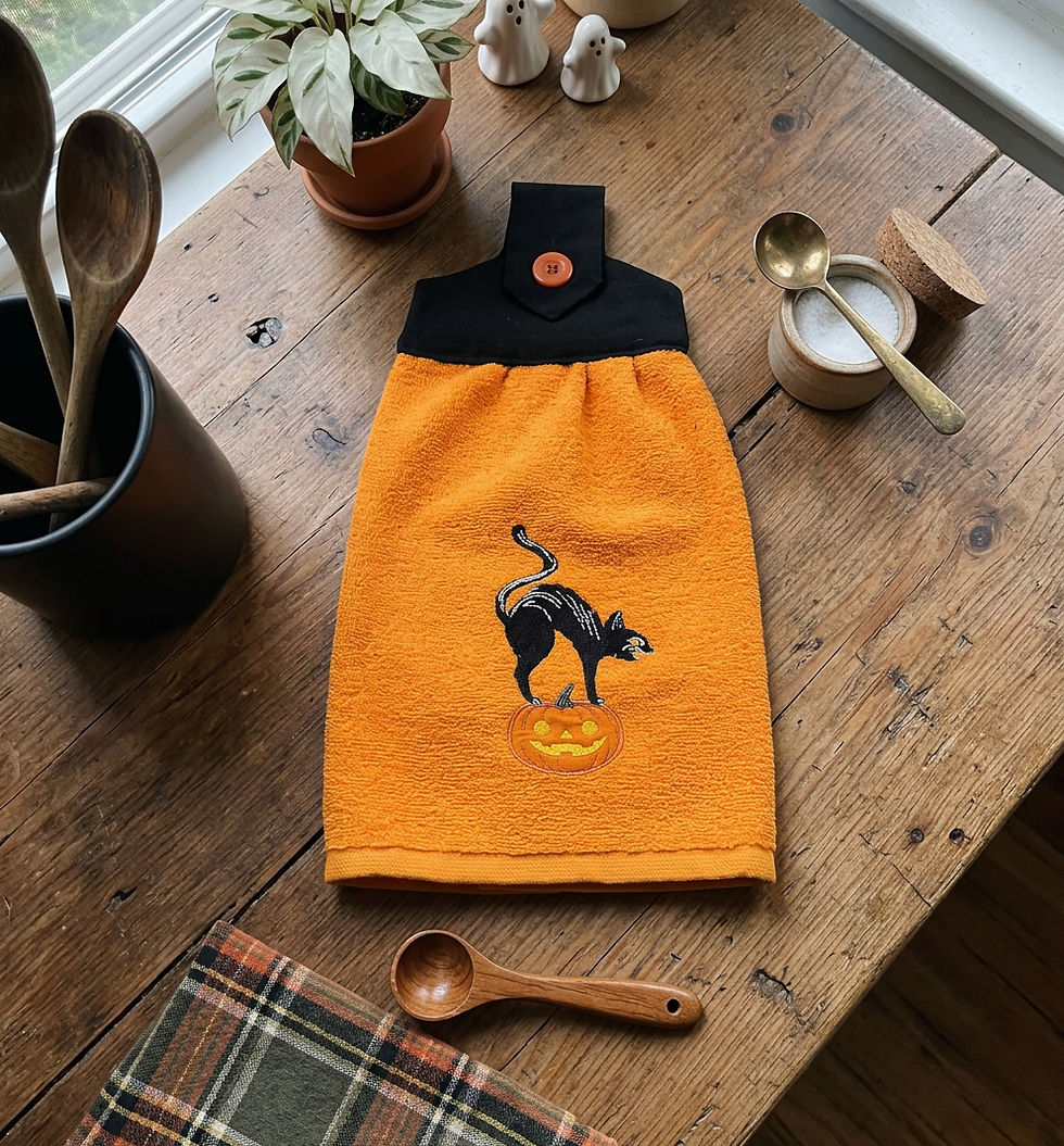 Thumbnail: Halloween Hanging Dishtowel Black Cat and Pumpkin Decal on Orange Towel