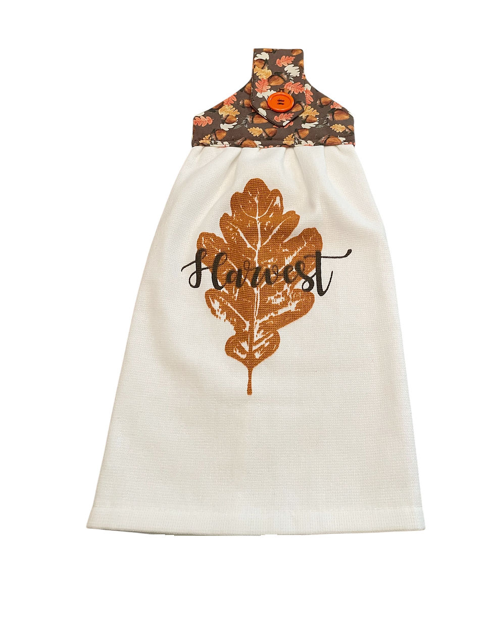 Harvest towel with leaf design and text Harvest, thanksgiving decor.