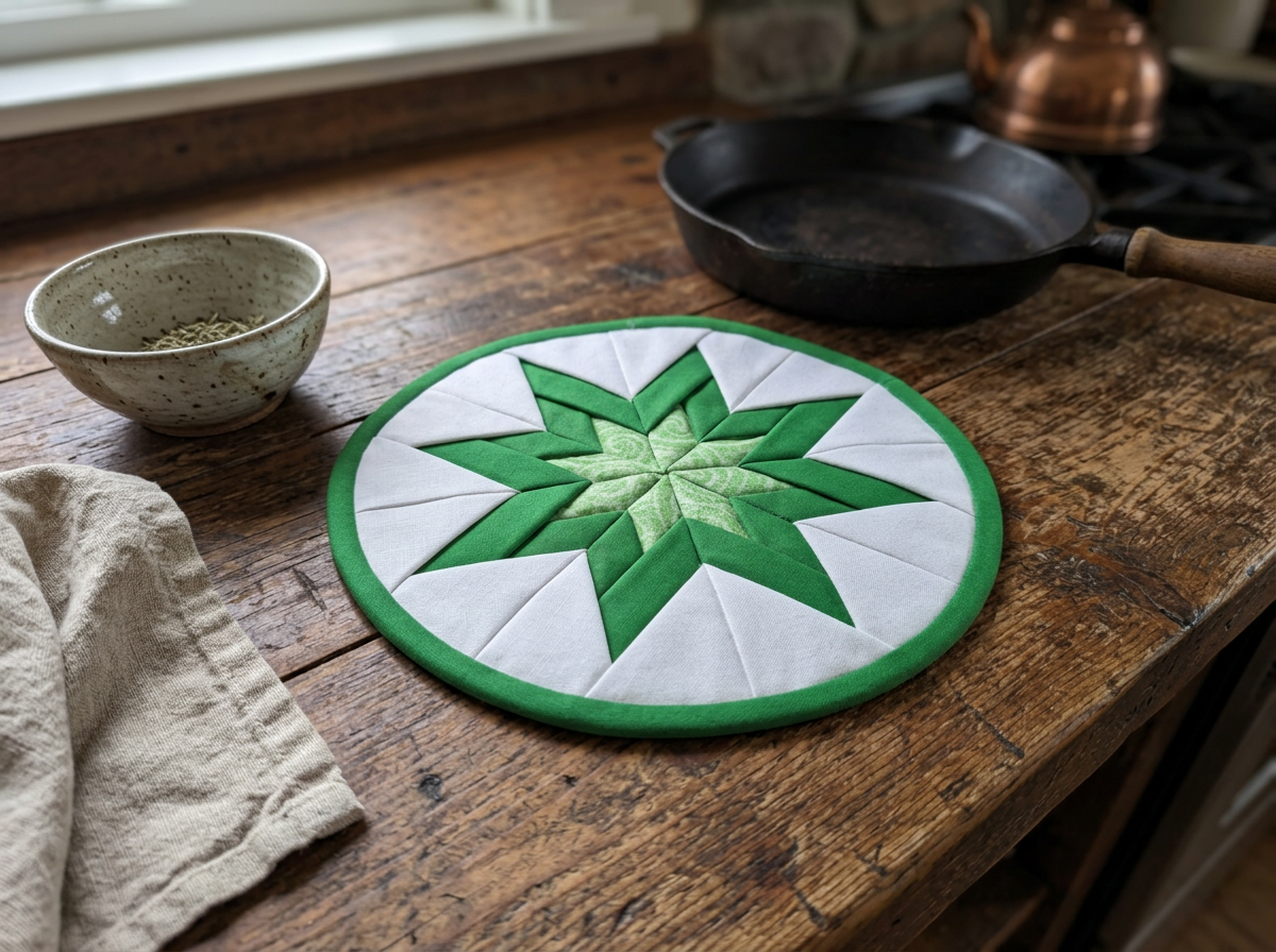 Amish Made Star Quilted Hot Pad Potholder in Green and White With Green Backside