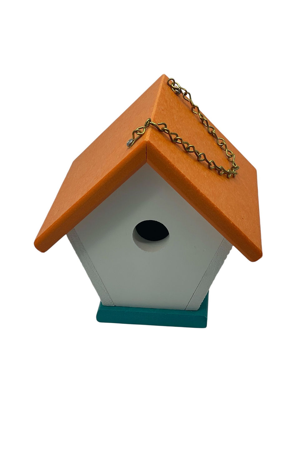 Thumbnail: Miniature orange and white birdhouse with chain