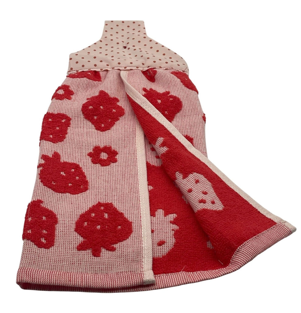 Thumbnail: Handmade Strawberry Dishtowel With Red Embossed Strawberries on Pink Terry Towel