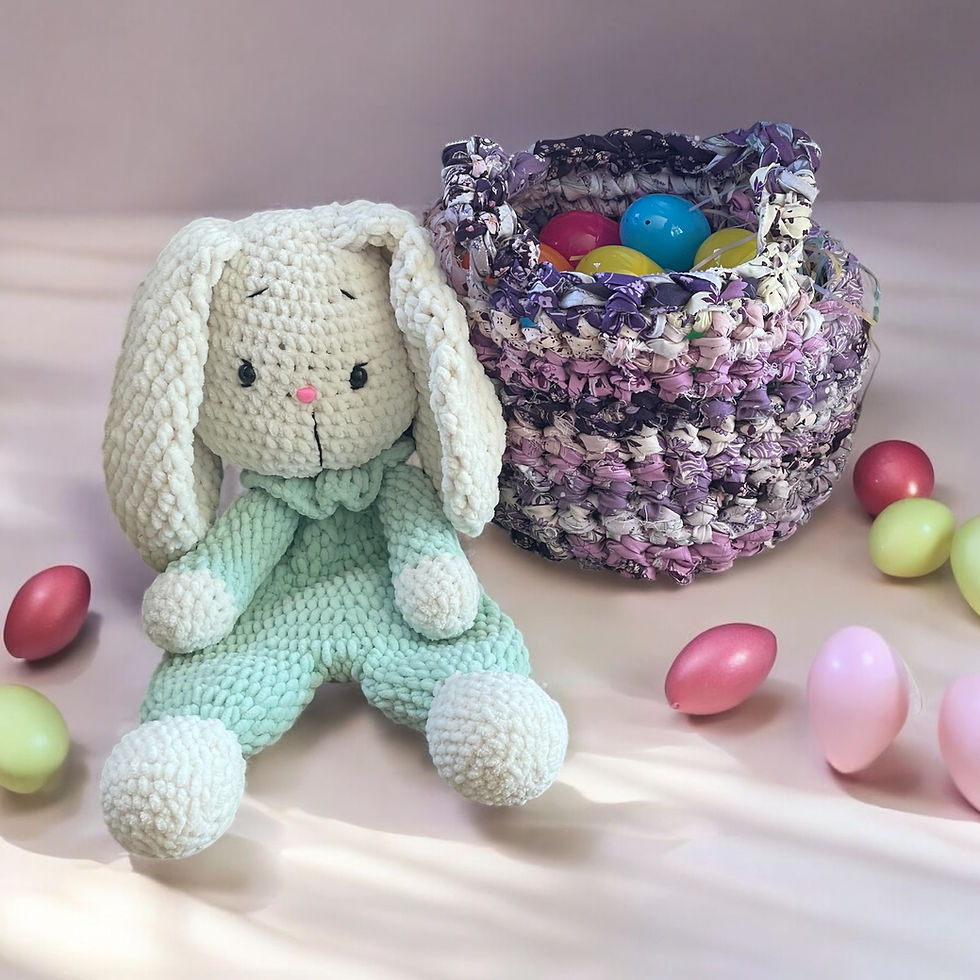 Thumbnail: Infant Crochet Easter Basket Handmade Light Dark Purple Soft Cloth With Handles with pink background easter eggs and crochet easter bunny in mint color