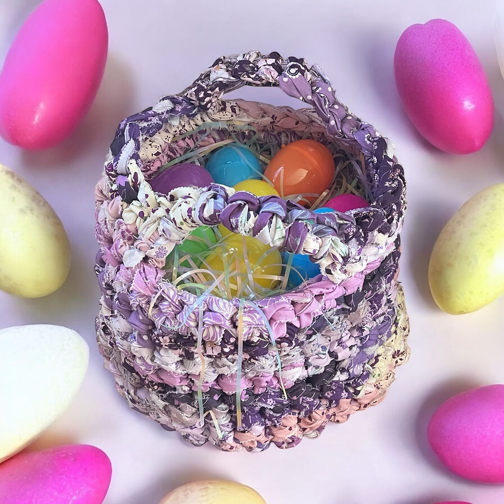 Infant Crochet Easter Basket Handmade Light Dark Purple Soft Cloth With Handles with purple background easter eggs and easter grass and easter eggs inside the basket