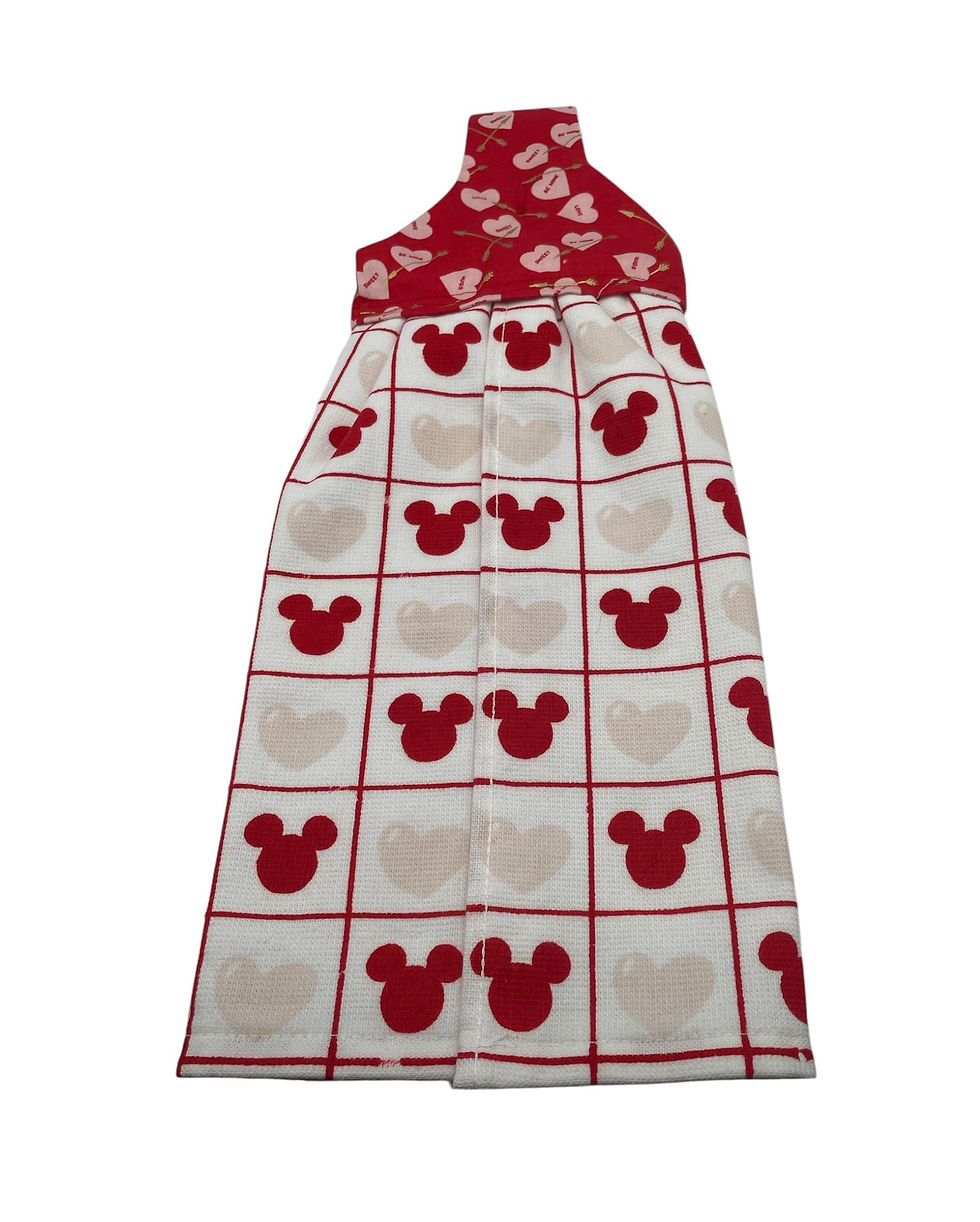 Thumbnail: Hanging towel with red Mickey Mouse heads and heart pattern
