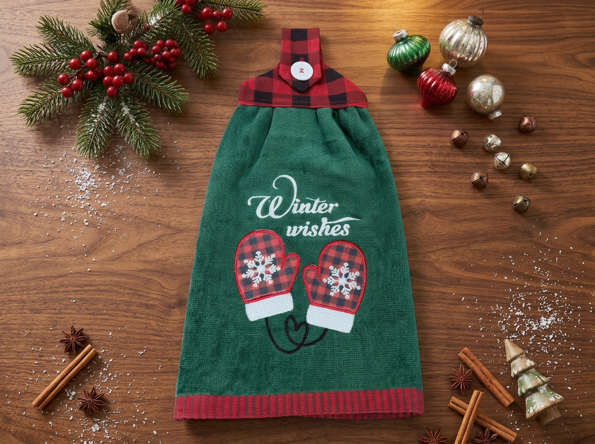 Christmas Dishtowel "Winter Wishes" Black Red Plaid Mittens on Green Velor Towel