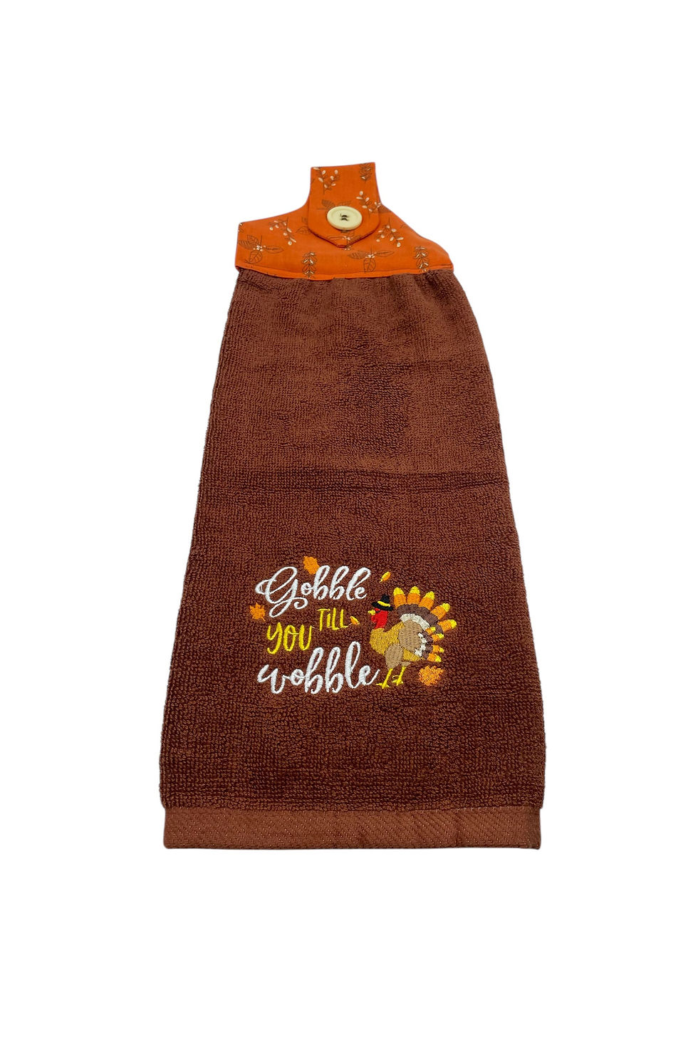 Thumbnail: Brown Thanksgiving towel with 'Gobble 'til you wobble' turkey