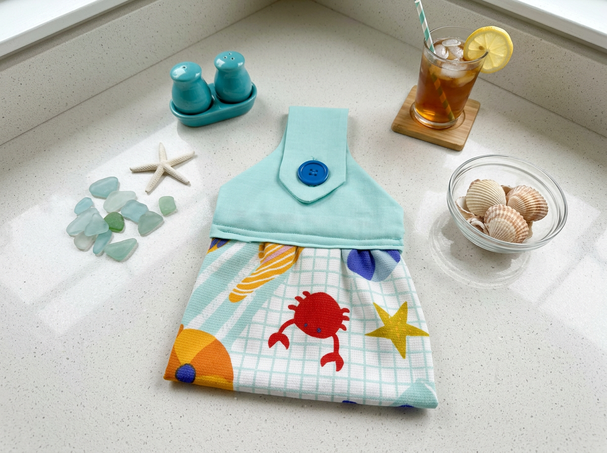 Handmade Beach Days Dishtowel on Turquoise Plaid Cotton Towel