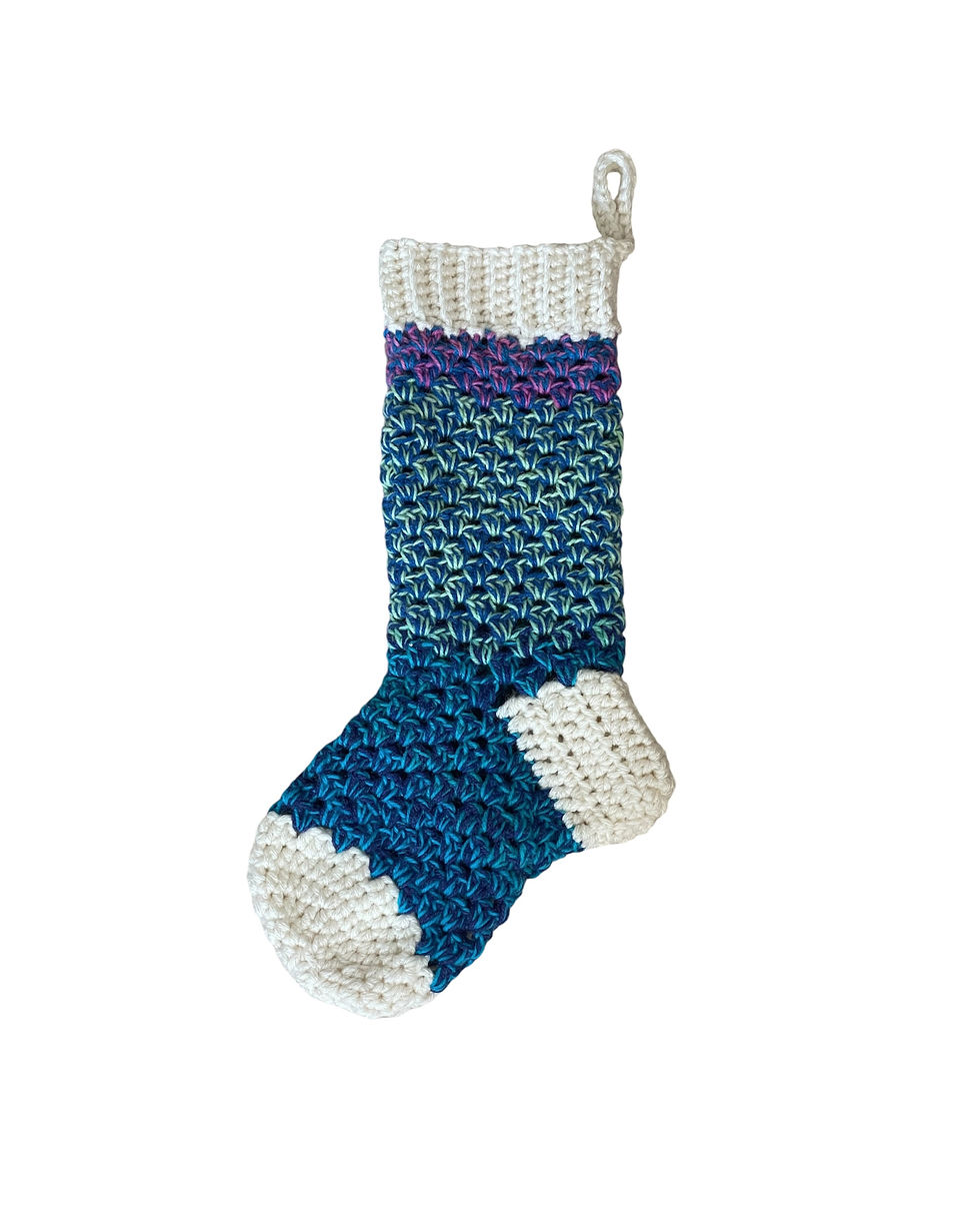Hand-crocheted Christmas stocking teal, purple, cream