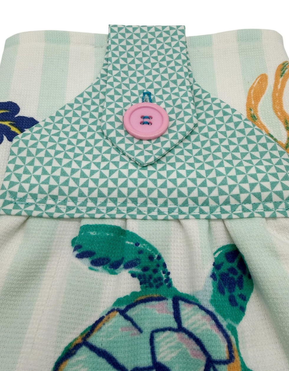 Thumbnail: Handmade Sea Turtles Dishtowel on Turquoise Striped Cotton Towel
