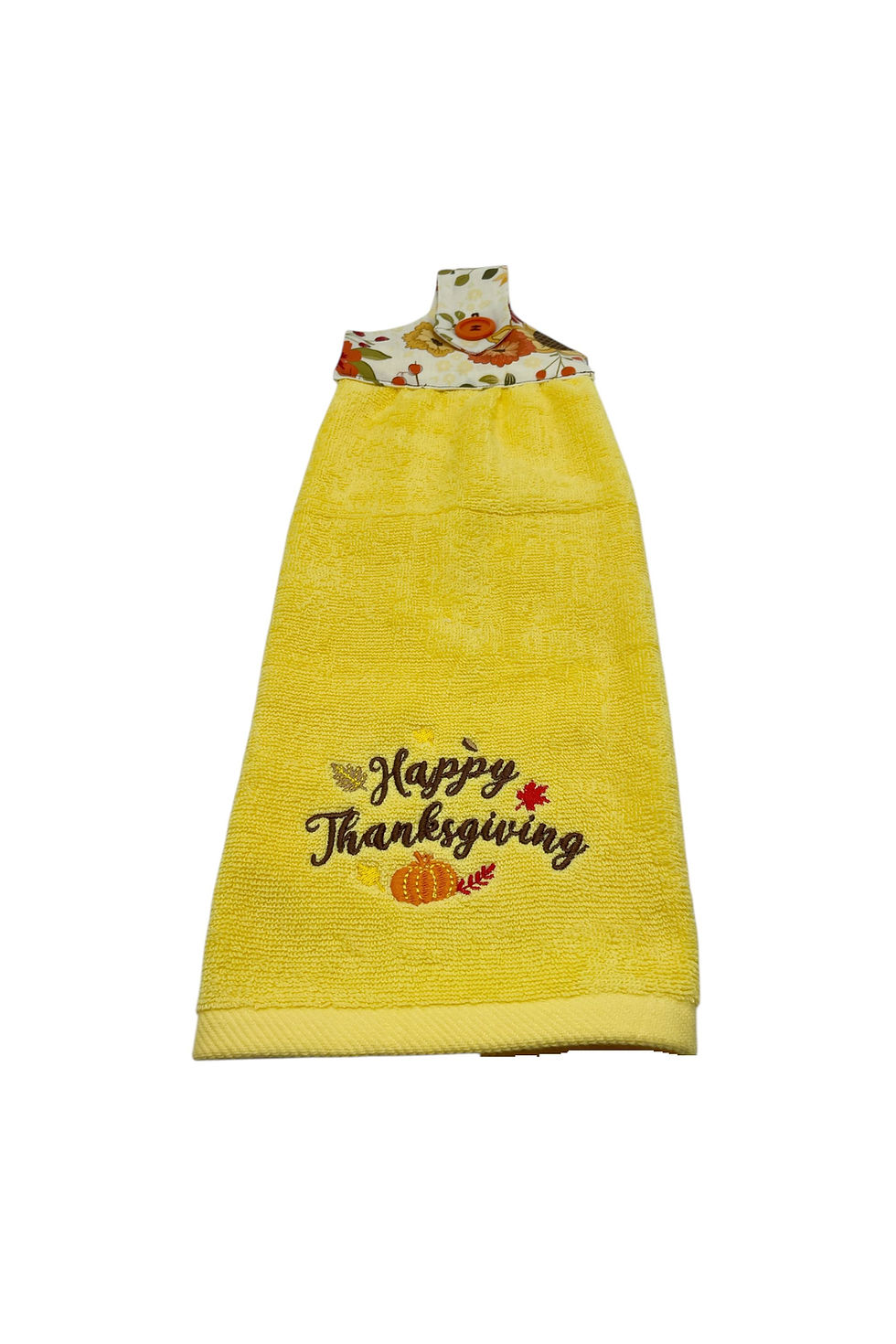 Thumbnail: Yellow towel embroidered with 'Happy Thanksgiving' and a pumpkin
