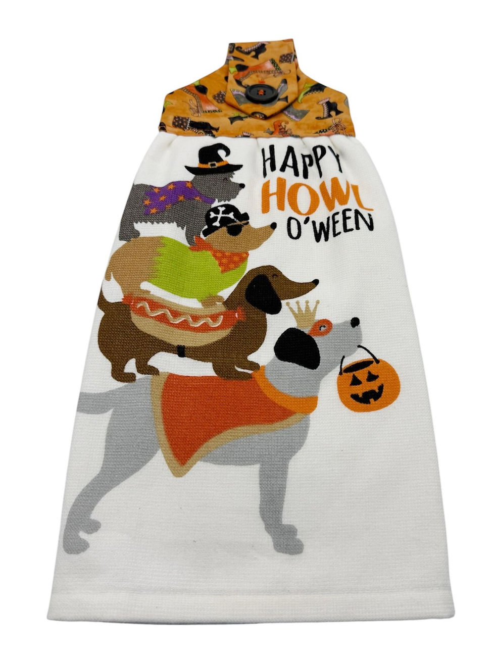 Thumbnail: Halloween Hanging Dishtowel "Happy Howl O'Ween" Dogs in Costumes on  White Towel
