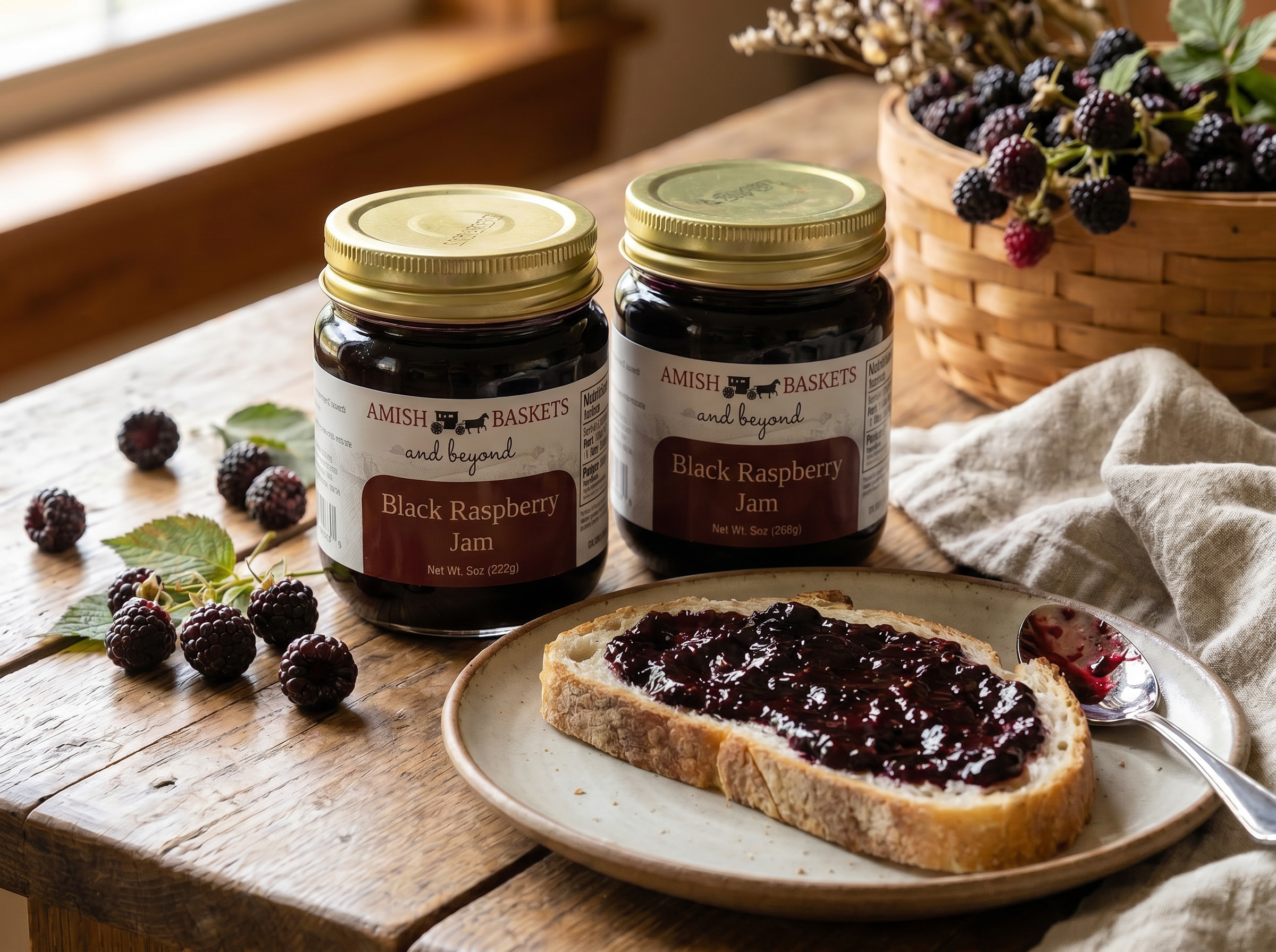 Two jars of Black Raspberry Jam with toast and fresh raspberries.