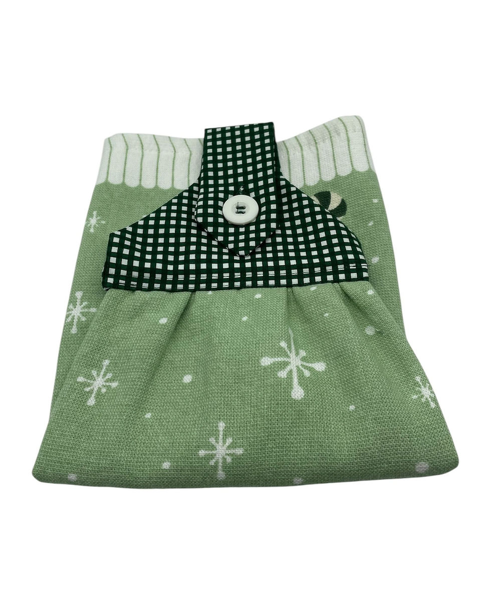 Thumbnail: Green fabric towel with white snowflakes and checkered hanging loop