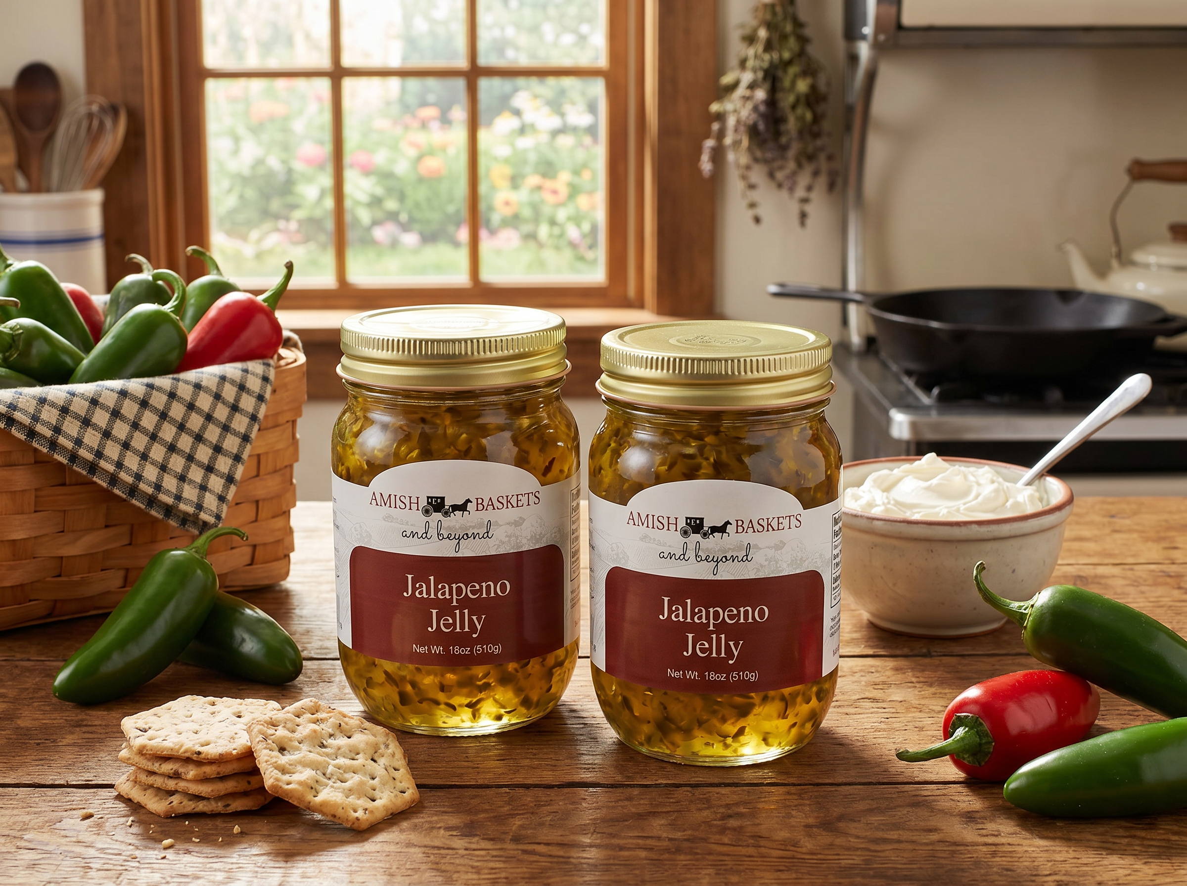 Two Amish Market Jalapeno Jelly jars with crackers