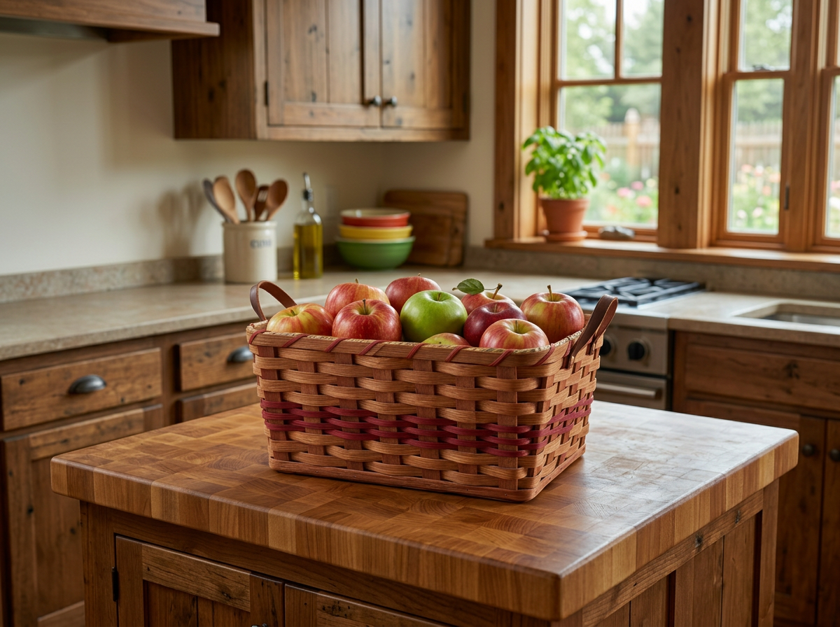 Amish Large Fruit Basket With Solid Oak Bottom and Leather Handles