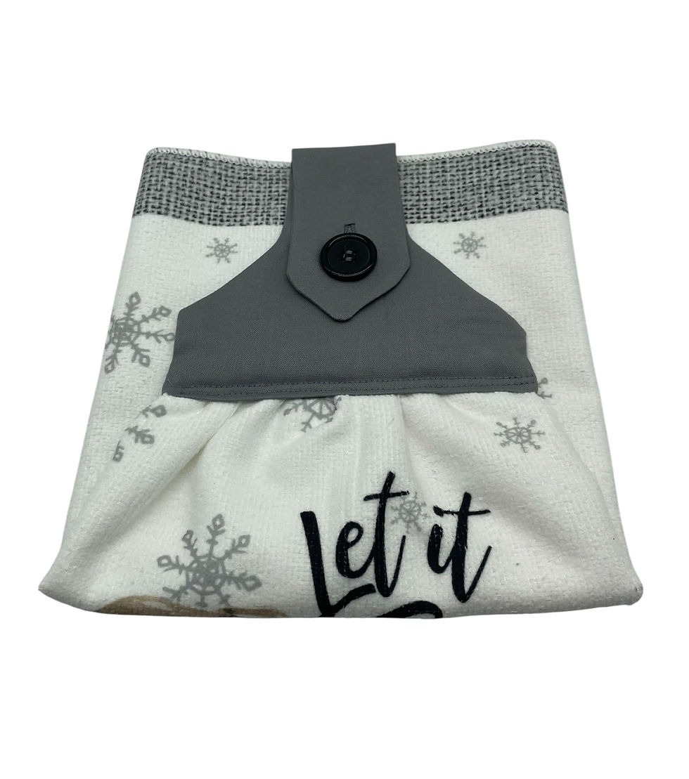 Thumbnail: White towel with silver snowflakes, gray button loop, and 'Let it' text