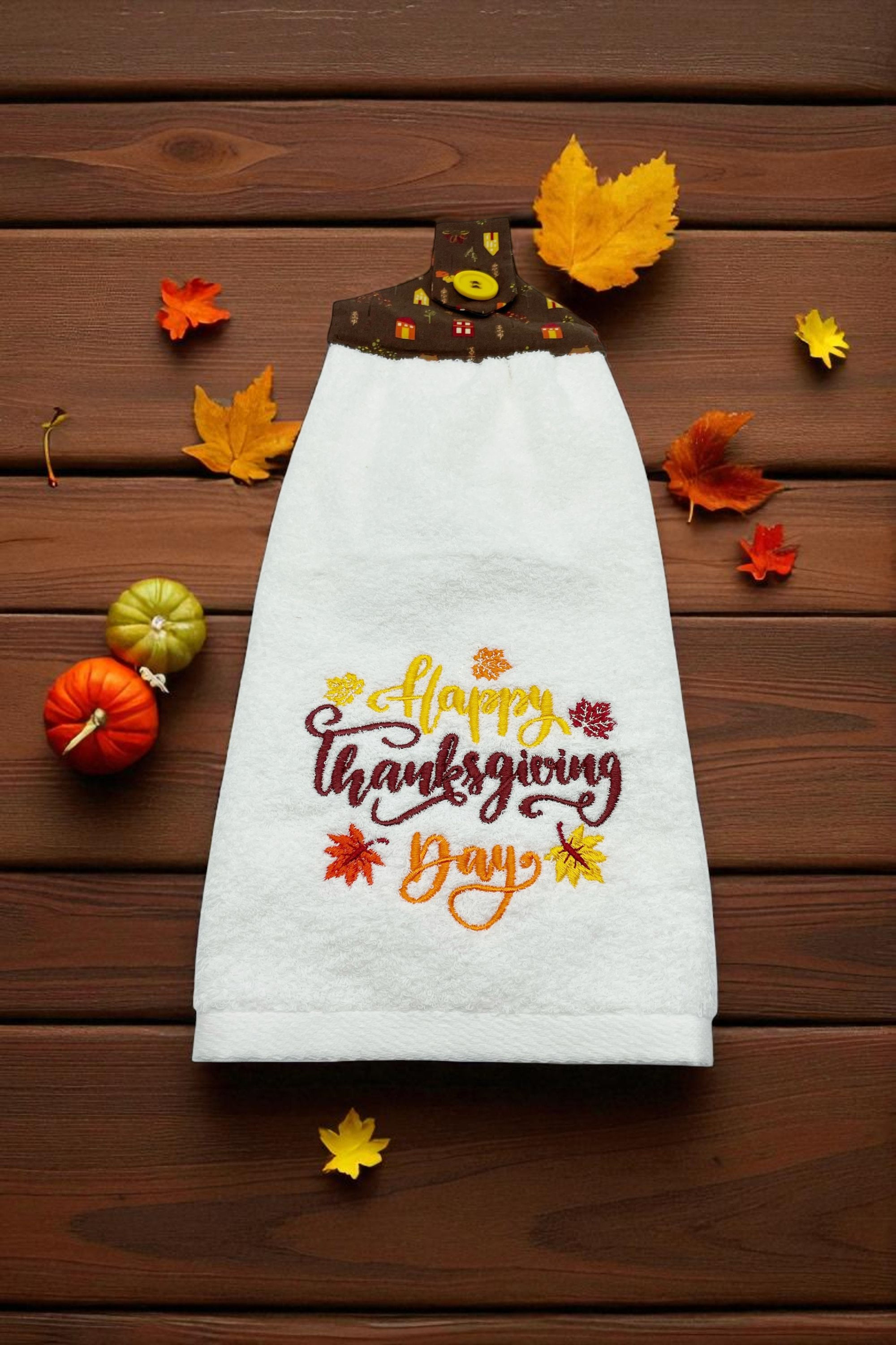 Thanksgiving Hanging Dishtowel "Happy Thanksgiving Day" Monogram White Towel