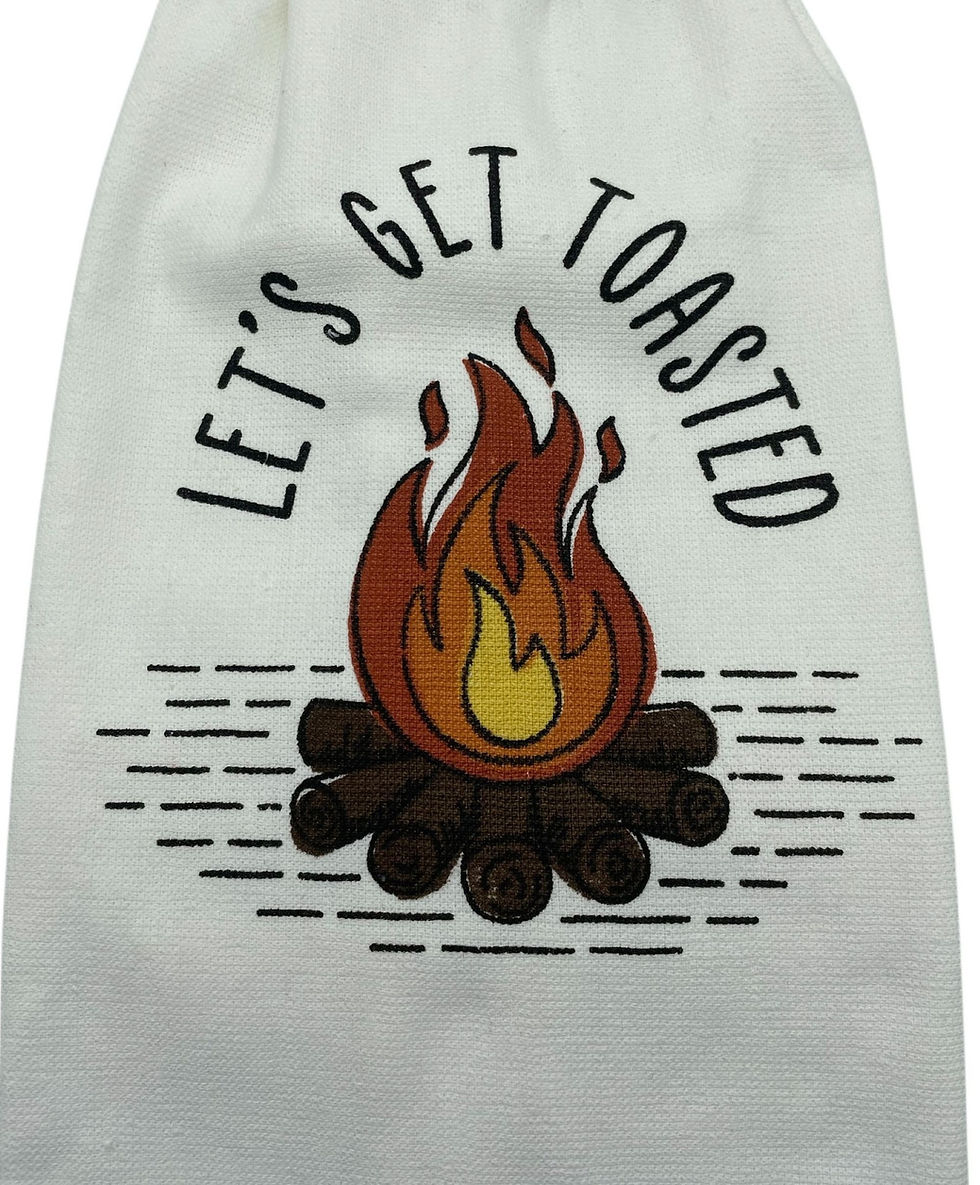 Thumbnail: Campfire design on tea towel: "Let's Get Toasted"