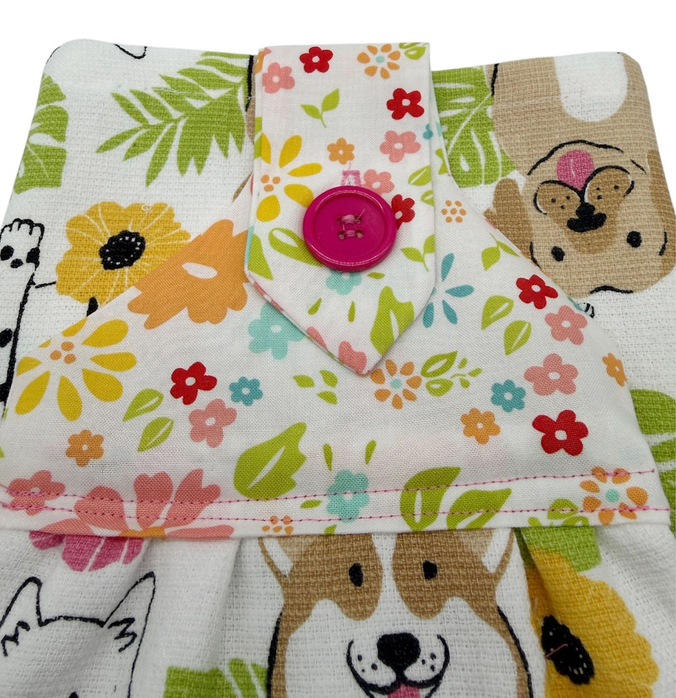 Thumbnail: Summer Dishtowel Puppies and Pink Flowers on White Cotton Towel