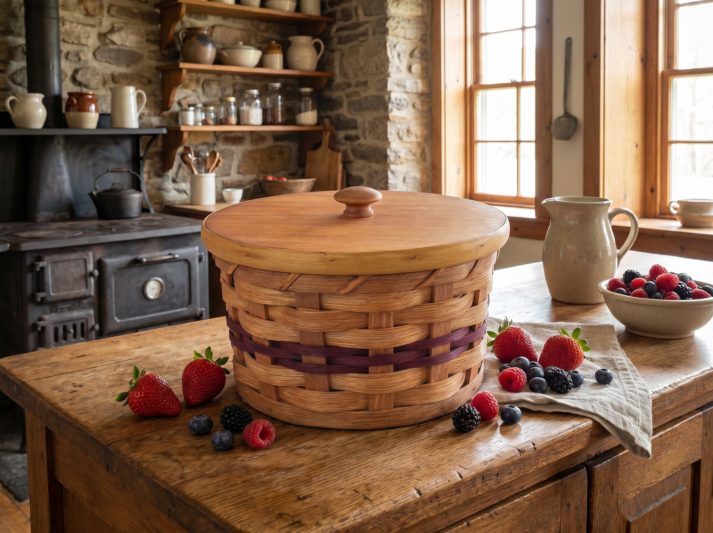 Woven basket with fresh berries on a rustic kitchen counter
