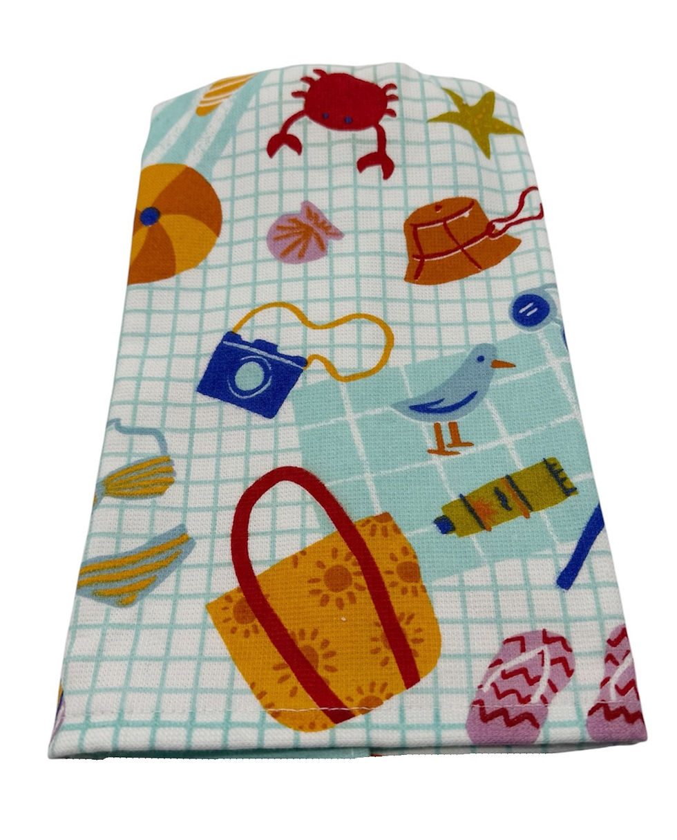 Thumbnail: Handmade Beach Days Dishtowel on Turquoise Plaid Cotton Towel