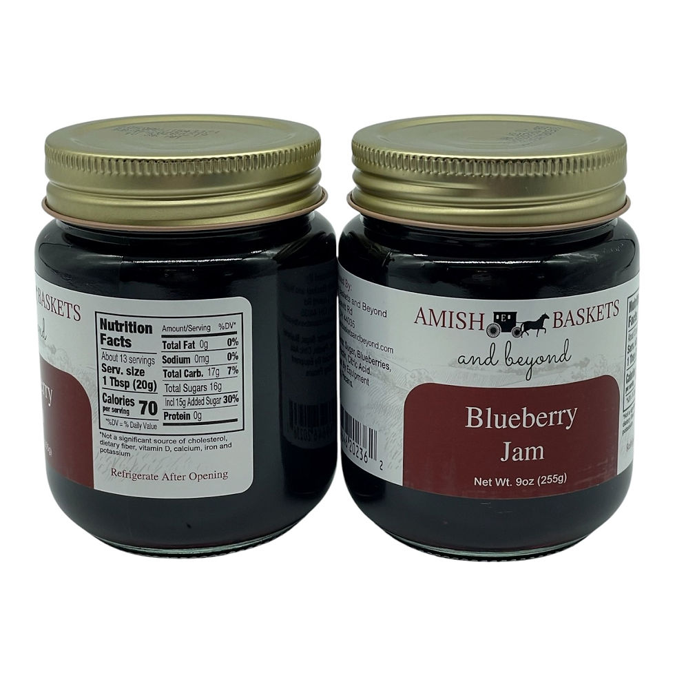 Thumbnail: Amish Rabbits and beyond Blueberry Jam jars, front and back labels