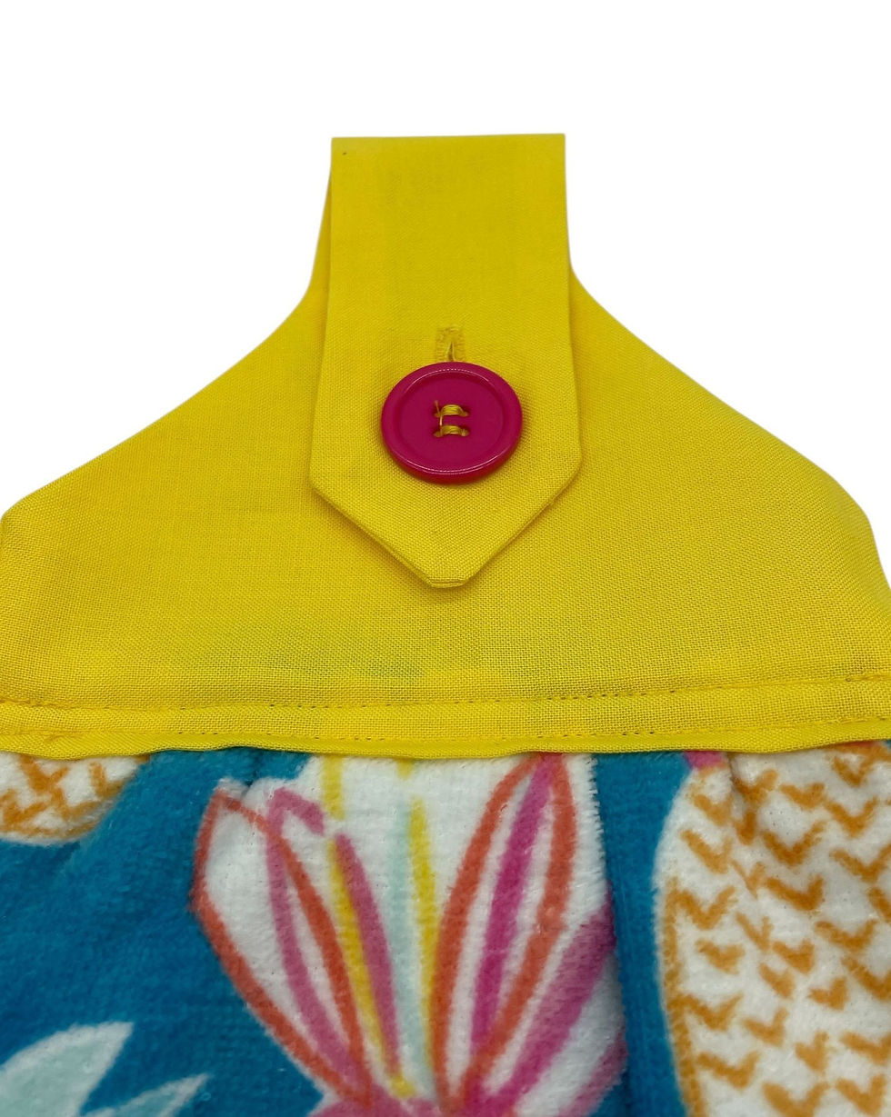Thumbnail: Pineapple dish towel with yellow hanging loop and pink button