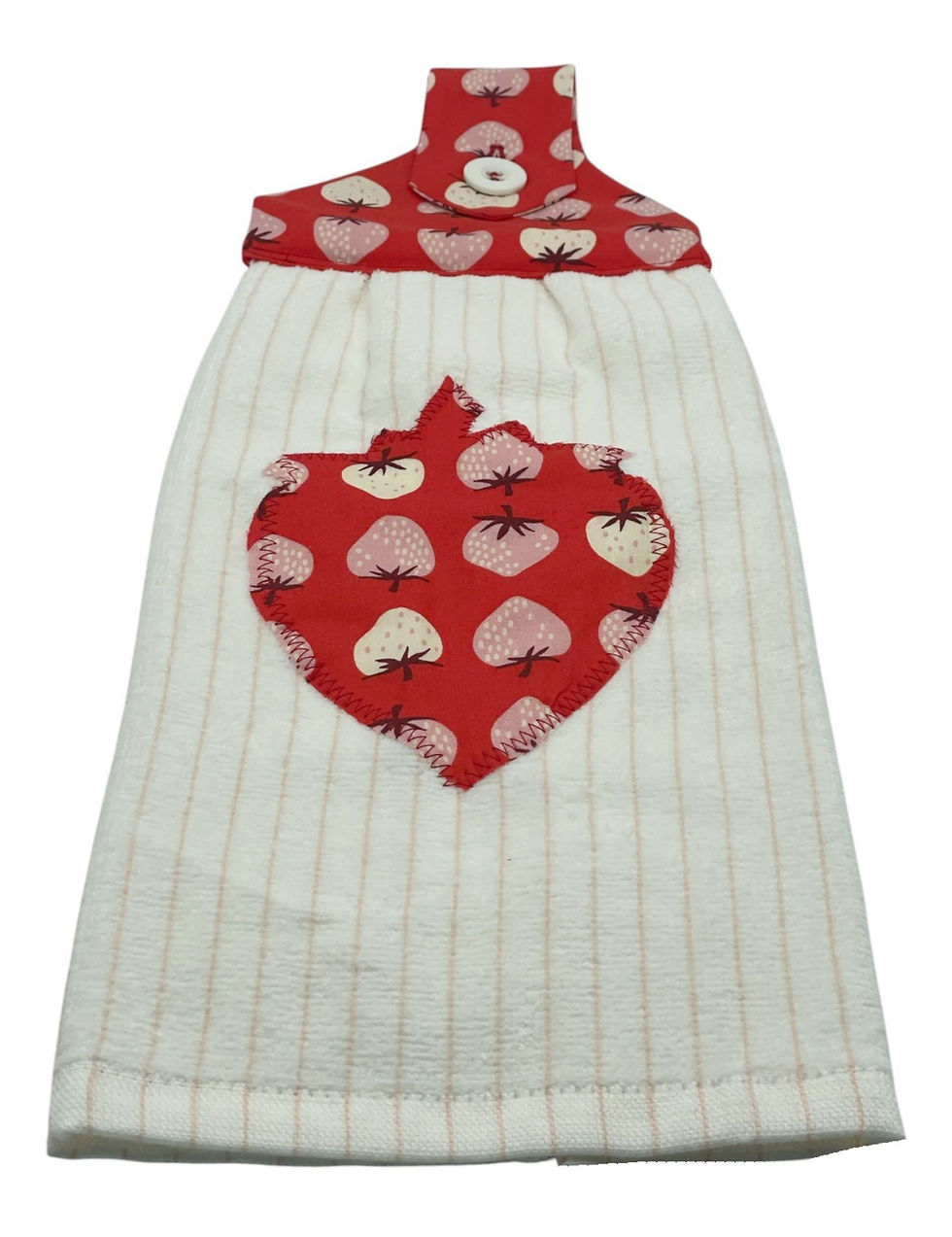 Thumbnail: Handmade Strawberry Applique Dishtowel on Pink Striped Terry Towel