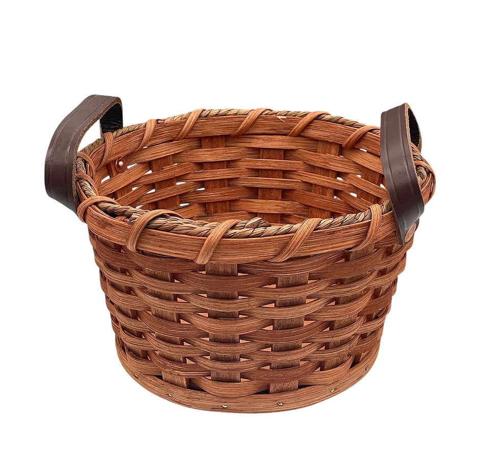 Small round woven basket with leather handles
