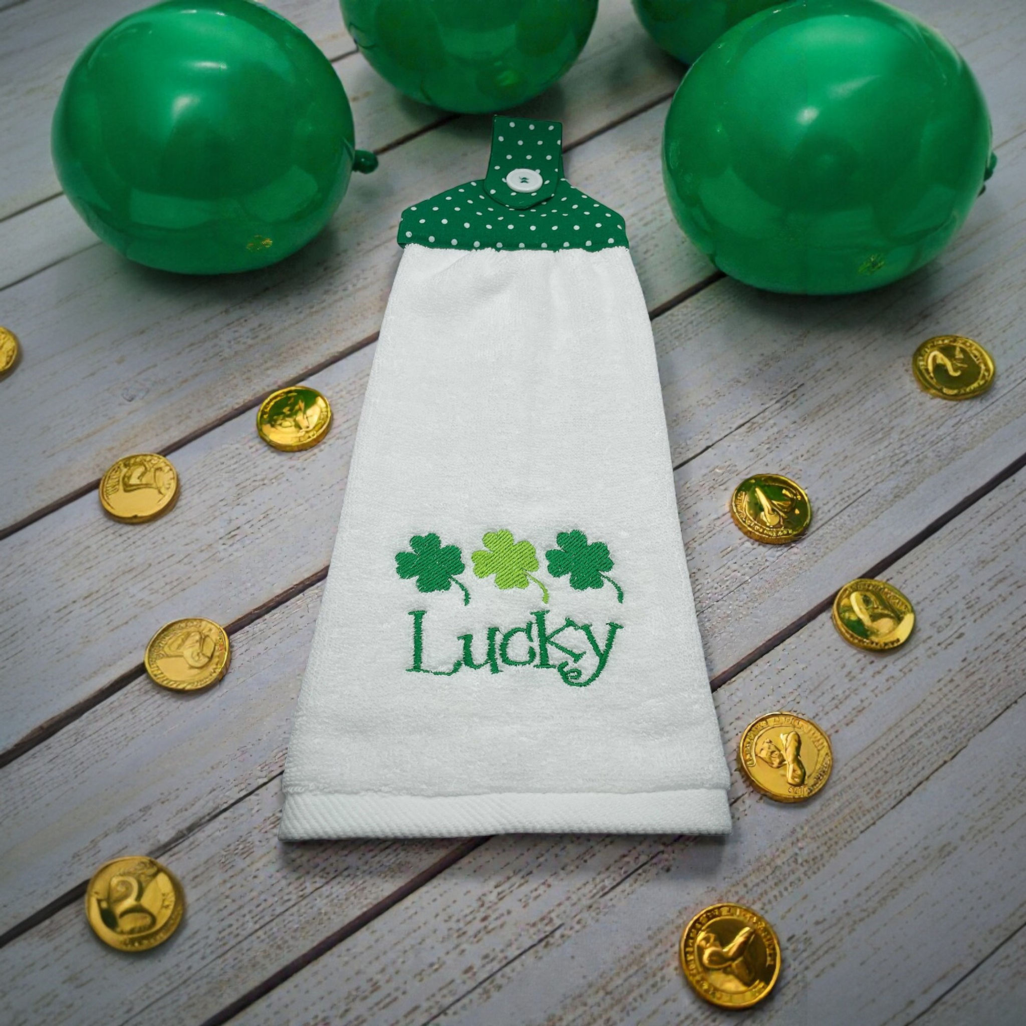 St. Patrick's Dishtowel "Lucky" Shamrocks Monogram on White Towel