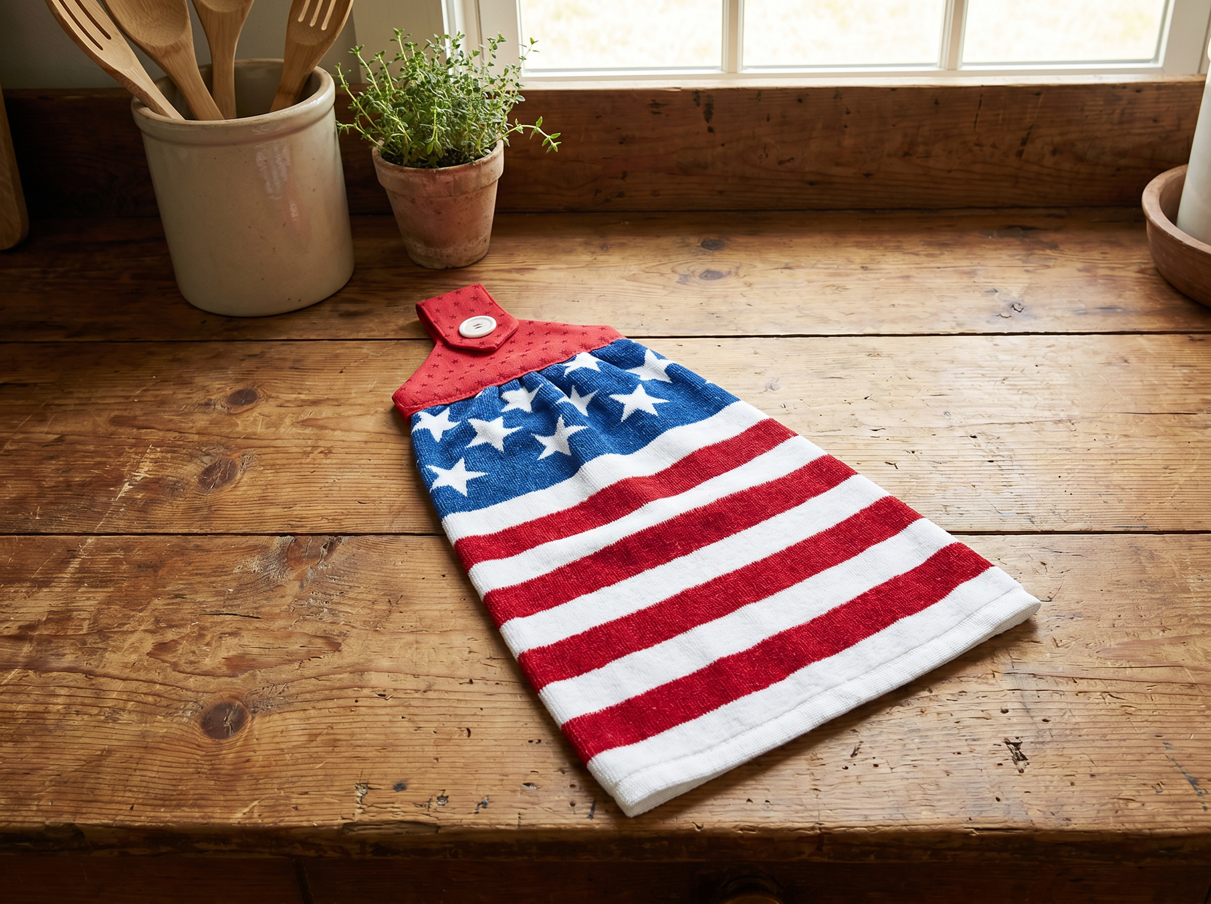 American flag kitchen towel on wooden counter