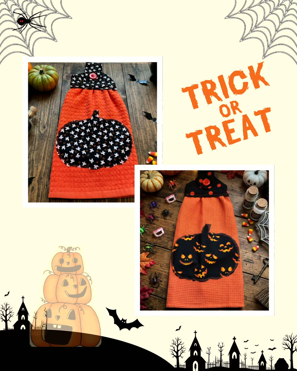 Thumbnail: Halloween Hanging Dishtowel White Pumpkin Decal Orange and Black Striped Towel