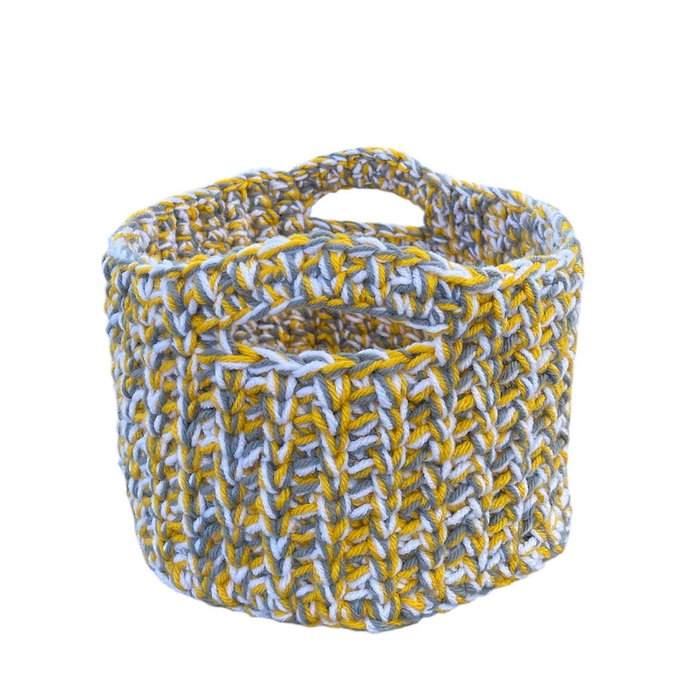 Thumbnail: Knitted basket with yellow, grey, and white pattern