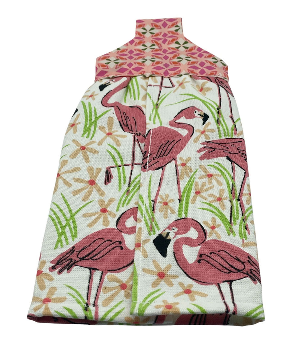 Thumbnail: Handmade Flamingos and Flowers Dishtowel on White Cotton Towel