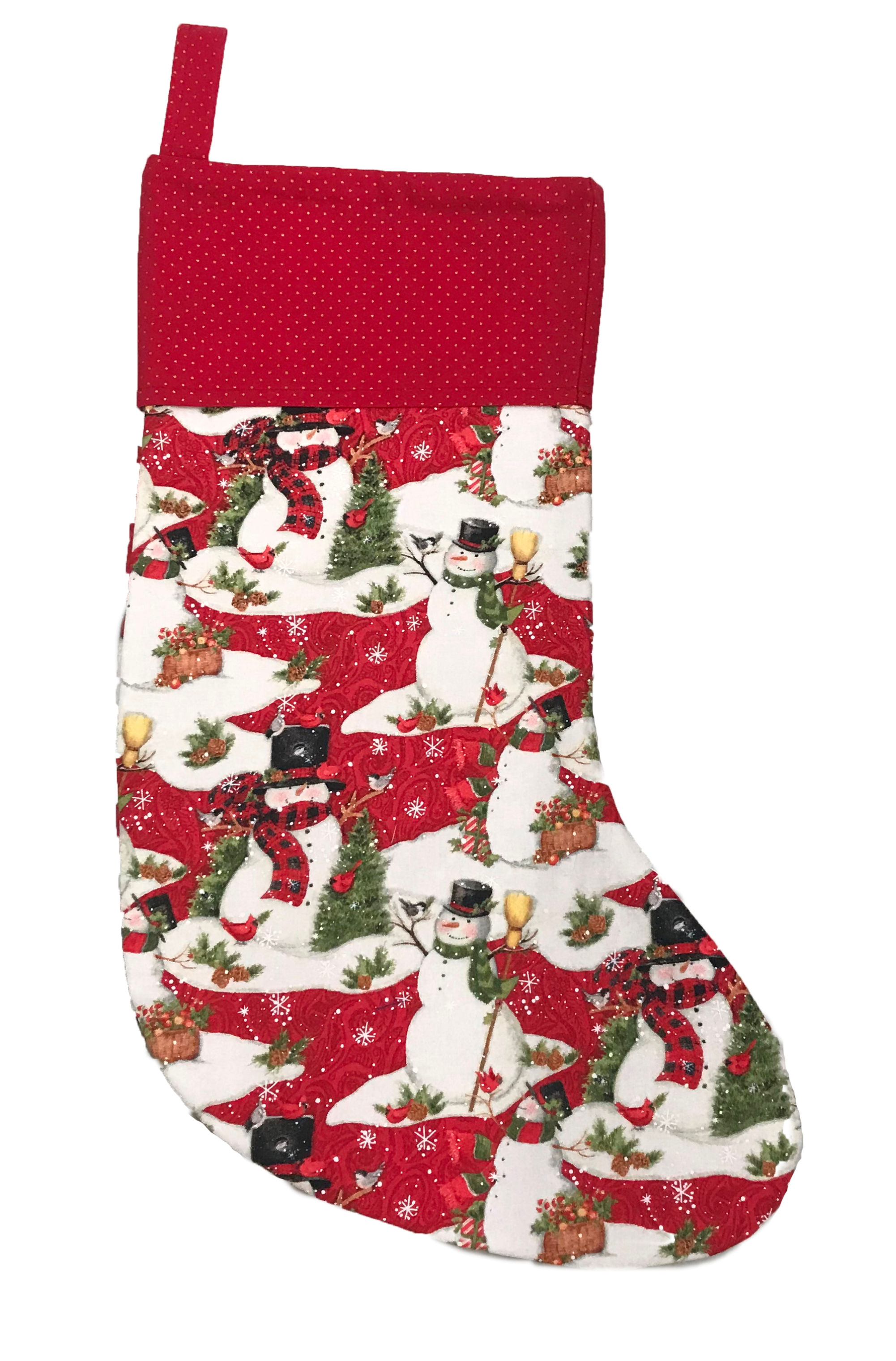 Red Christmas stocking with snowmen and polka dots
