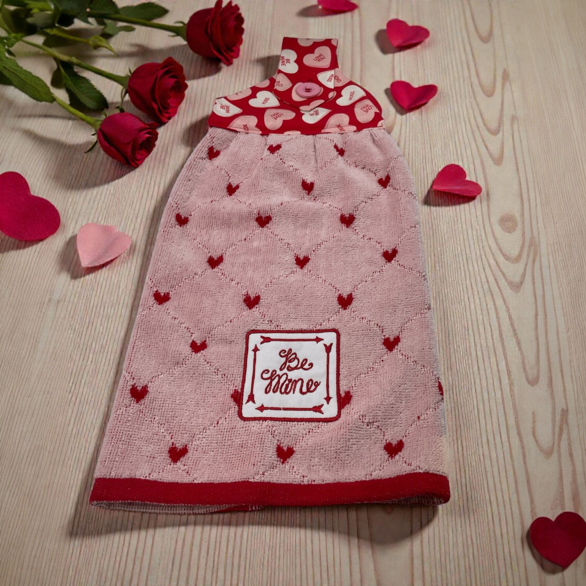 Valentines Dishtowel "Be Mine" on Pink Towel With Red Hearts and Trim