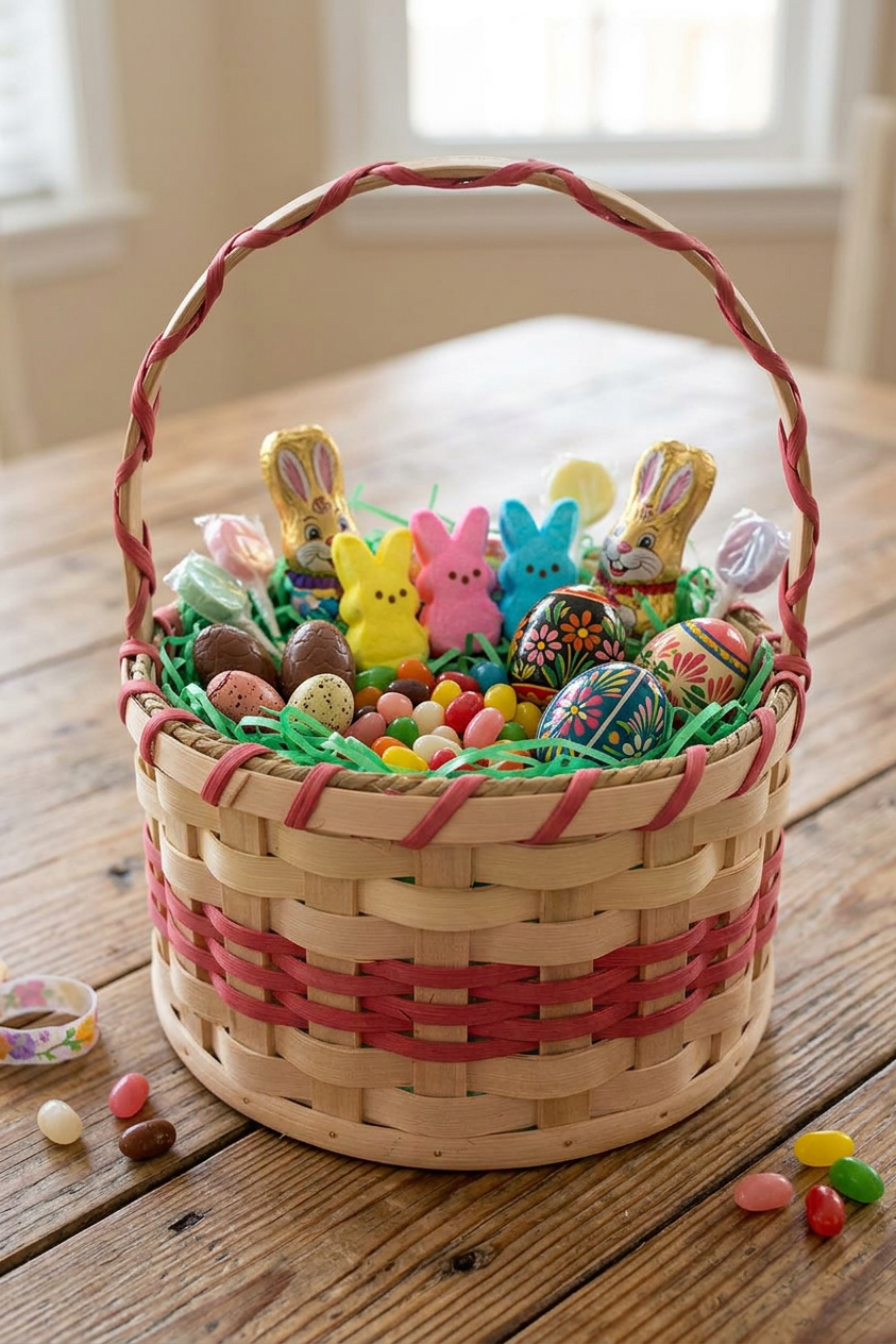 Thumbnail: Easter basket with chocolate bunnies, Peeps, and candy