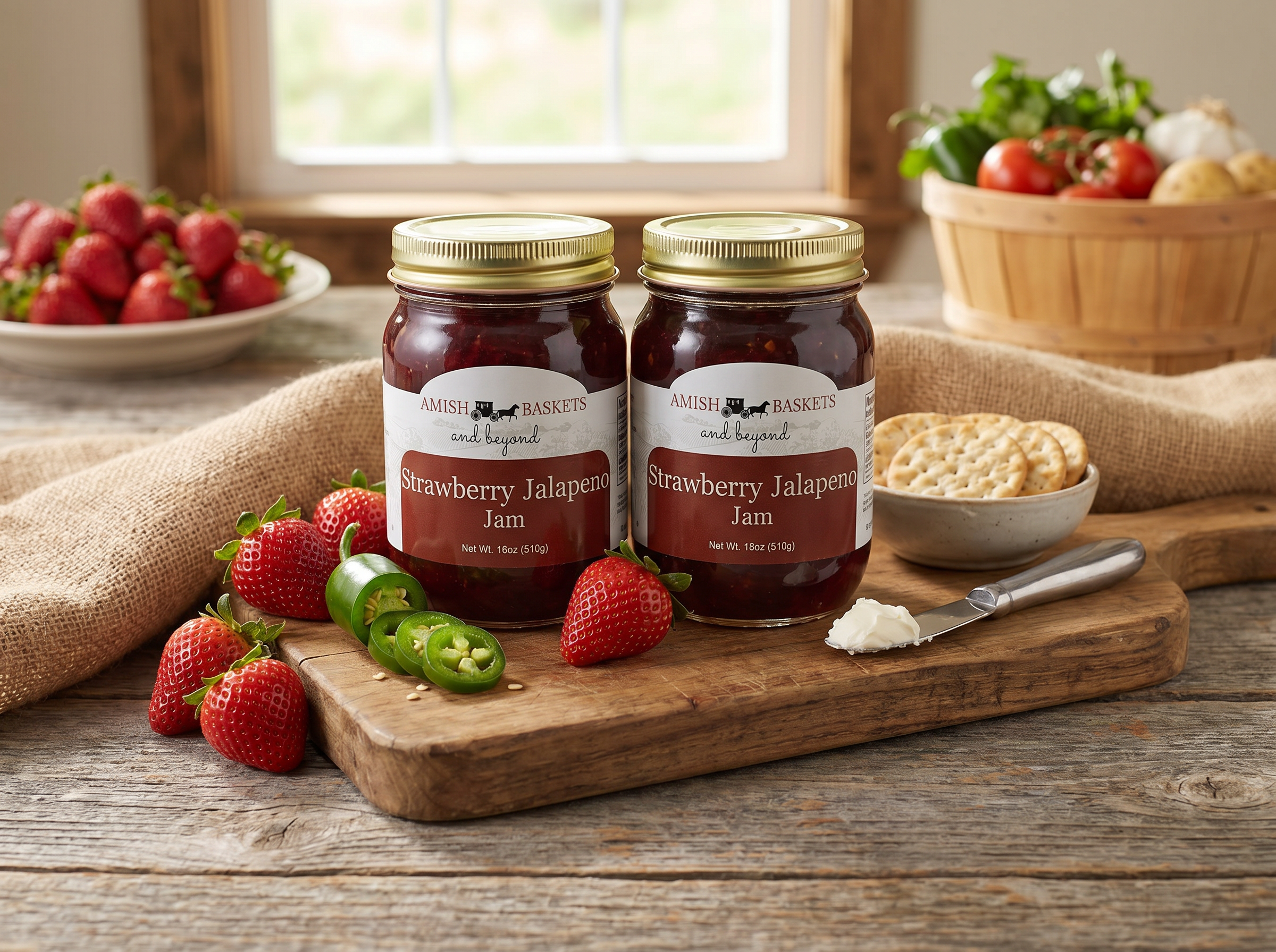 Two jars of Strawberry Jalapeño Jam, fresh fruit
