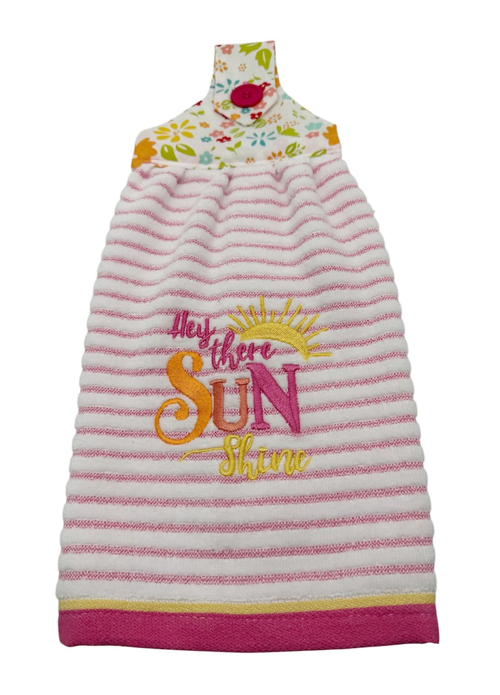 Thumbnail: Summer Dishtowel "Hey There Sunshine" Applique on Pink Striped Terry Cloth Towel