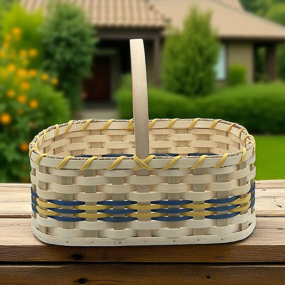 Thumbnail: Square woven basket with blue and yellow stripes and handle