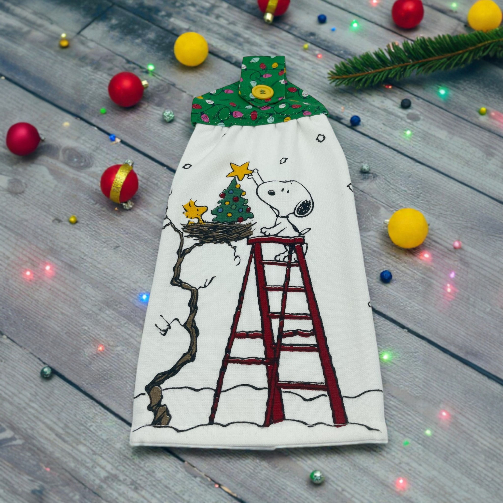 Christmas Hanging Dishtowel Snoopy Decorating Christmas Tree on White Towel