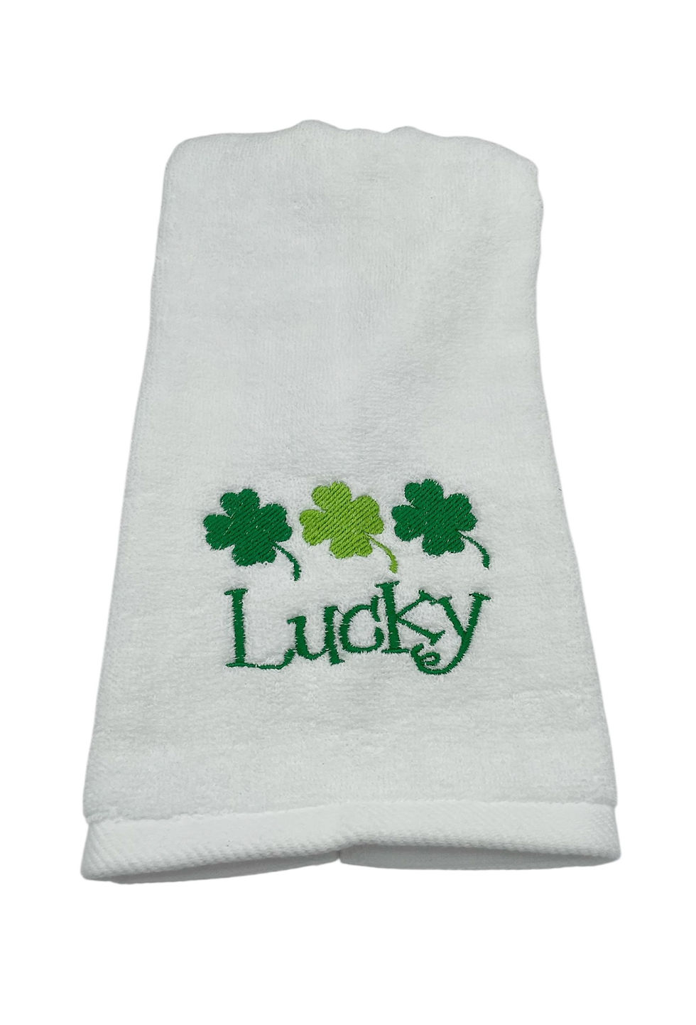 Thumbnail: White hand towel with three green shamrocks and "Lucky"