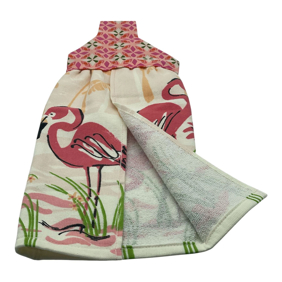 Thumbnail: Handmade Flamingos and Palm Trees Dishtowel on White Cotton Towel